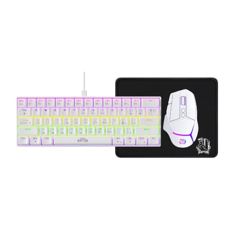 COMBO GAMER RAPTOR TECLADO MECÁNICO 68 TECLAS WHITE + MOUSE RGB 8000 DPI WHITE + MOUSE PAD S