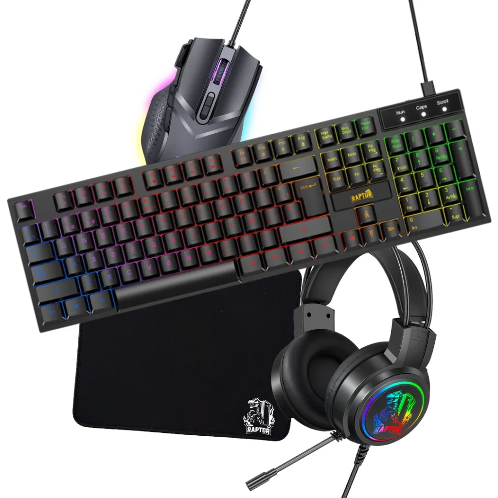 Combo Gamer Raptor Teclado Membrana 104 teclas + Mouse RGB 7200 DPI + Mouse Pad S + Auricular 3.5