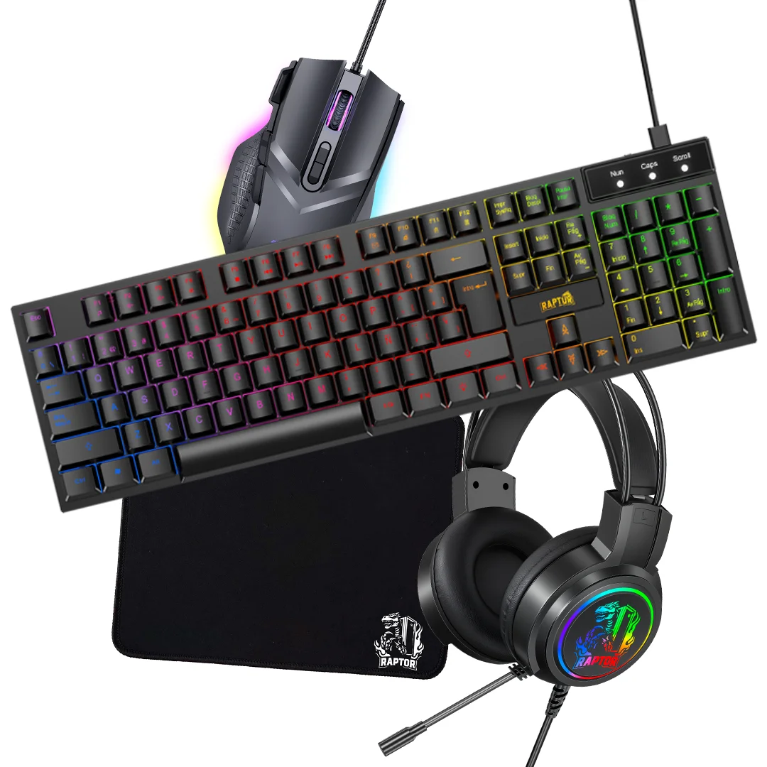 COMBO GAMER RAPTOR TECLADO MEMBRANA 104 TECLAS + MOUSE RGB 7200 DPI + MOUSE PAD S + AURICULAR 3.5